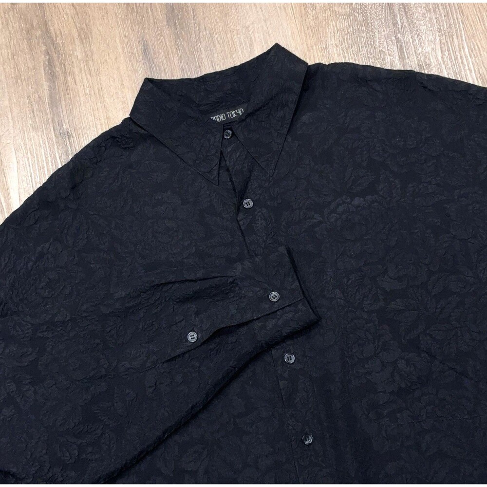 Vintage Silk Shirt Black Floral Jacquard 1990s Long Sleeve Mens Large
